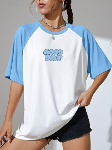Image of JUNEBERRY 100% Pure Cotton Oversized Fit Drop Shoulder Graphic Printed Raglan Sleeves Boyfriend T-Shirt for Women (Sizes: S to 2XL)