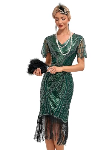 Viloree VILOREE 1920s Kleid Damen Flapper Charleston Kleid Gatsby Pailletten Cocktail Abschlussballkleid Party Kostüm Kleid Grün (55) M