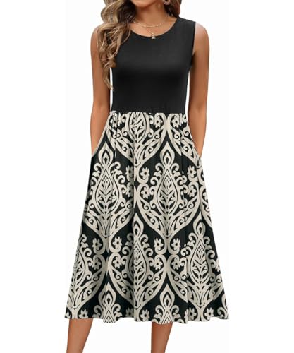 ABINGOO Damen Sommerkleid Ärmellos Midi Blumenmuster Leicht und Luftig Kleid Hohe Taille A-Linie Tankkleid Lang Strandkleid Freizeitkleider mit...