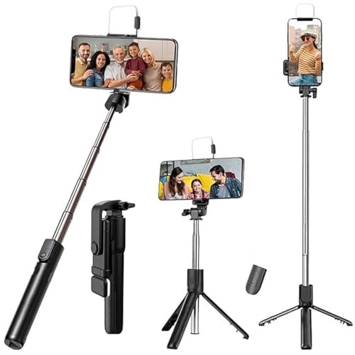 Image of JK Vision Selfie Stick with Tripod Stand, 3 in 1 Multifunctional Design, Rechargable LED Light with Two Brighness Levels for Make up, Vlogging & Photo Shoot, Selfie Stick with Bluetooth Remote