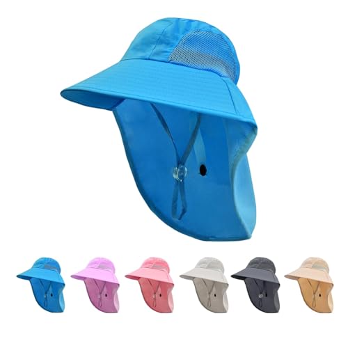 Rosoz Kids Sun Hat with Neck Flap UV Protection Summer Toddler Beach Hat Unisex Ponytail Hat Wide Brim Fishing Hat-Blue