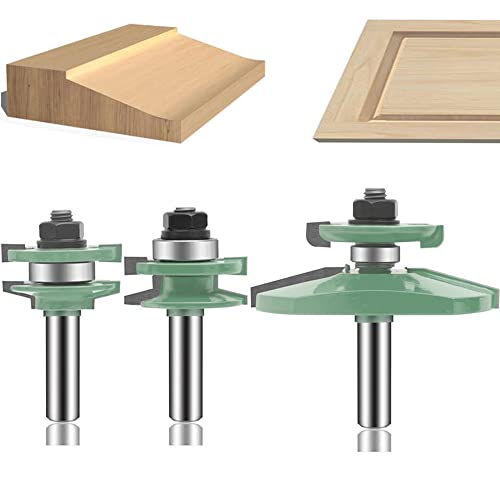 OLETBE 3 PCS Router Bit Set, 1/2-Inch Shank Round Over Raised Panel Cabinet Ogee Door Rail and Stile Router Bits, Woodworking Wood Cutter, Wood Carbide Groove Tongue Milling Tool (Panel)