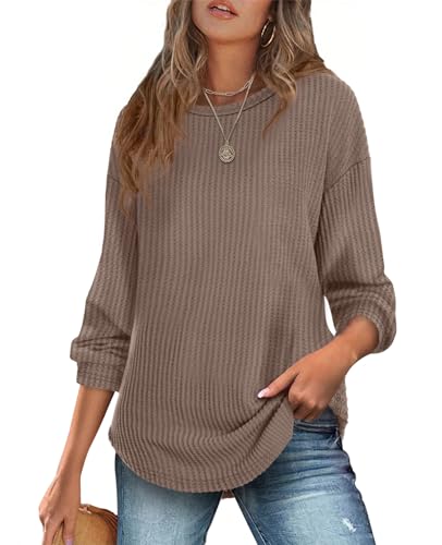 XIEERDUO Women Tunic Tops Dressy Casual Long Sleeve Shirts Fall Trendy Waffle Knit Crewneck Curved Hem Fashion Clothing 2025