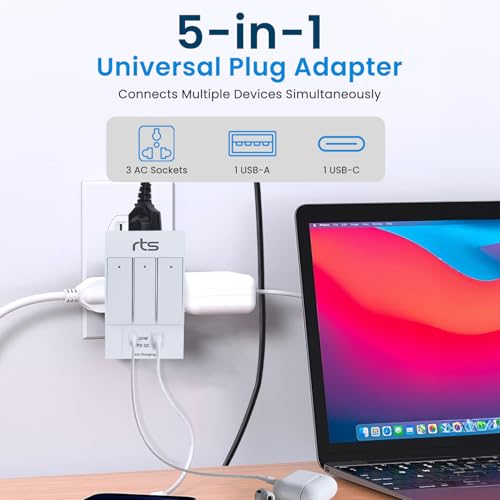 Image of rts 3 Pin Multi Plug Socket-Worldwide Universal Travel Adapter with USB Ports & Type-C PD Individual Switch Safety Shutter LED Indicator-3 Way Plug Socket (5A-250V) Type D Plug for Home Office White