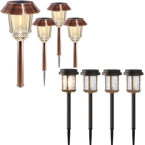 XMCOSY+ Solar Garden Lights - 4 Pack Pathway Light Glass Solar Powered Lighting 4 Pack Pathway Lights Waterproof