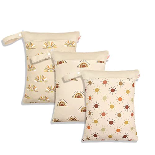 Image of KKTAPOS Wet Dry Bags for Baby Cloth Diapers - Waterproof Reusable Washable Travel Bags, Gym Bag, Pool, Daycare Soiled Baby Items Yoga Gym Bag for Swimsuits & Wet Clothes 3pcs/set（Orange&Sun