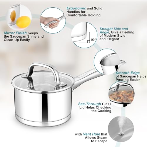 TeamFar 1 qt Saucepan, Stainless Steel Small Sauce Pan & Lid with Tri-ply Bottom for Cooking/Boiling/Stewing, For Induction/Gas/Electric, Non-Toxic & Heavy Duty, Straight Side & Dishwasher Safe