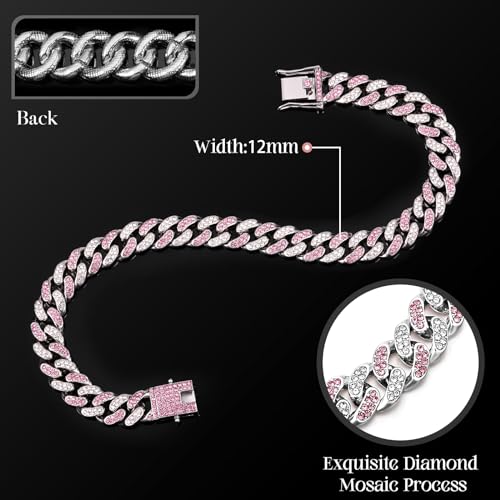 Image of LEIFIDE Dog Chain Collar Diamond Link Puppy Collar 12 mm Wide Dog Necklace Metal Cat Chain Pet Crystal Necklace Jewelry Accessories for Small Medium Large Pet(10 Inch,Silver, Pink White)