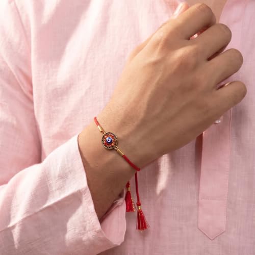 Image of PALMONAS Demifine 18K Gold Plated Evil Eye Rakhi for Brother - Waterproof & Anti-Tarnish Designer Rakhi for Men | Premium Raksha Bandhan Rakhee with Roli Chawal