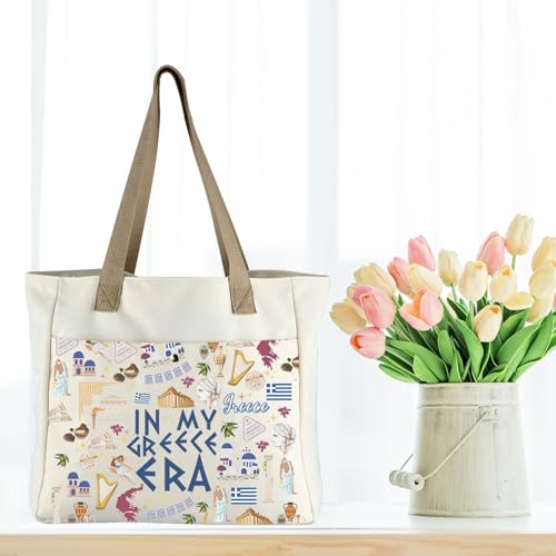 Image of WCGXKO Greece Era Tote Bag, Flag Design, Tourist Gift, Large, Beige