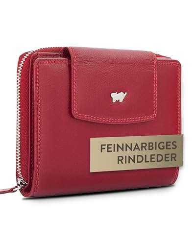 BRAUN BÜFFEL - Geldbörse Damen aus echtem Rindsleder Golf 2.0 - Trifold Geldbeutel Portemonnaie geräumig für Frauen mit 12 Kartenfächern - Zeitlos klassisches Portmonee mit Münzfach - Edles Rot