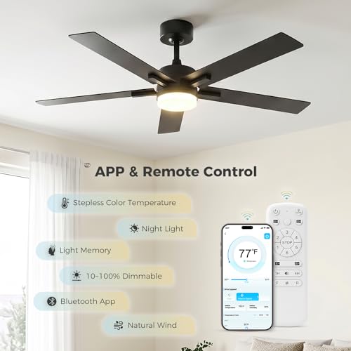 Image of Obabala Ceiling Fan with Light 60 Inch, DC Motor Ceiling Fan with Remote and APP Control, Dimmable LED Color Changing, Reversible Quiet Fan for Bedroom Living Room Indoor Outdoor, Modern