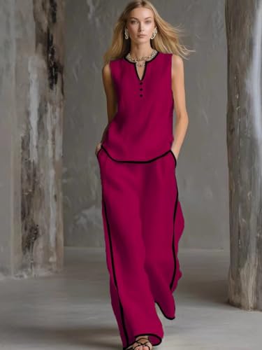Ensemble d'été femme pantalon large taille haute et haut Henley léger - 2