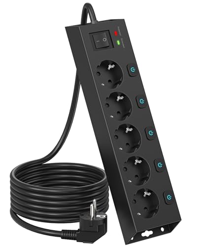 Multiprise 5 Prises avec 5 Interrupteurs Individuelles, Multiprise Electrique Surtension 1050J et Rallonge Electrique 2M