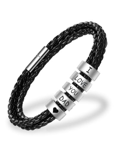 Product Image of the Novgarden Custom Mens Bracelets with 1-8 Engraved Beads, Dad Gifts for Fathers Day, Leather Braid Bracelet with Kids Names Personalized Men's ID Bracelet Gifts for Grandpa Husband Boyfriend