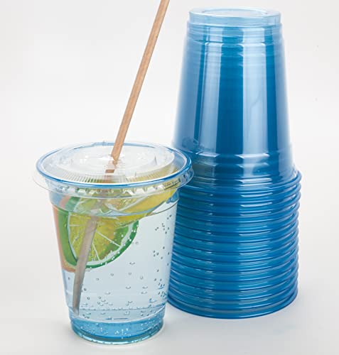 Golden Apple, 12oz 50sets Blue Plastic cups with Clear Flat lids X hole (50cups+50lids) BPA Free