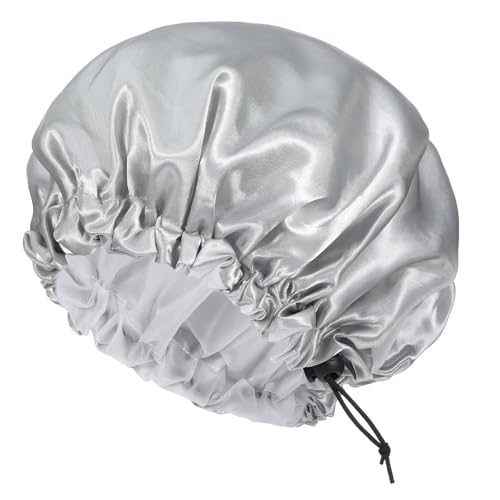 Gorro de satén de doble capa para hombre, impermeable, con cordón ajustable, reutilizable, para hombres, trenzas de cabello rizado, color plateado