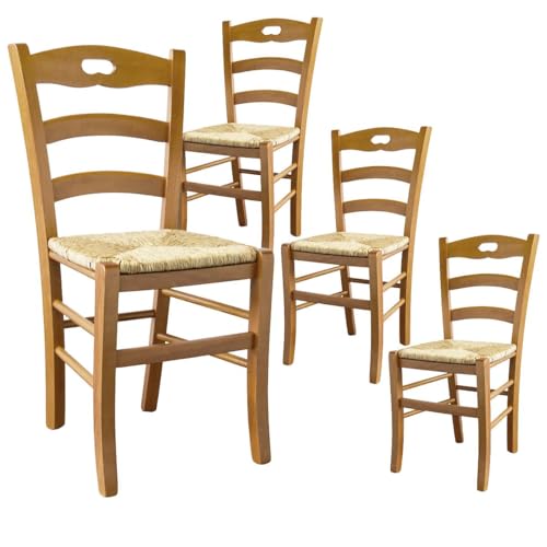AltoBuy Suzy - Lot de 4 Chaises Teinté Chêne et Assises en Paille