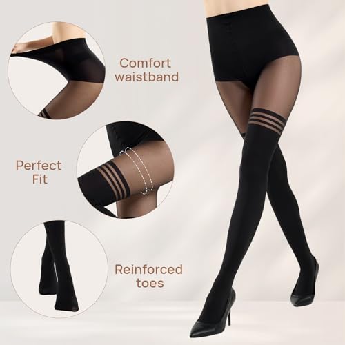 Image of MANZI Mock Suspender Pantyhose for Women Faux Thigh High Stockings Black Over the Knee Goth Sparkly Tights