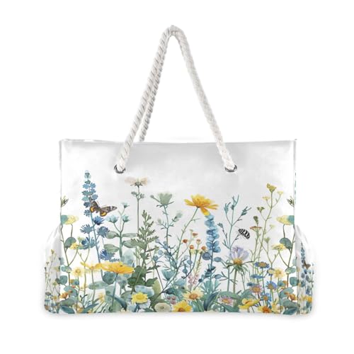 Wildflowers with Butterflies Beach Bag with Top Zipper Closure, Waterproof Pool Bag, Large Beach Tote for Women#3052