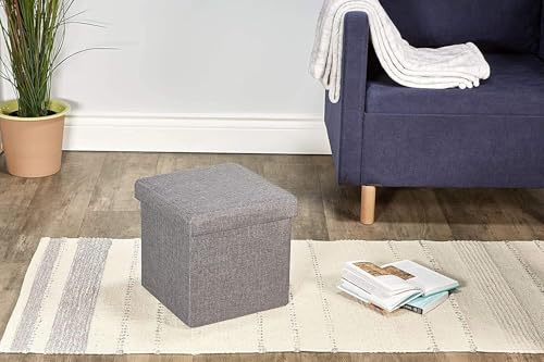Image of JUGTE Folding Storage Ottoman, Long Sofa Bench, Fabric Linen Footrest Stool for Makeup Cosmetic Laundry, Toys Storage Organizer Bin Box with Lidded Cover (Grey)
