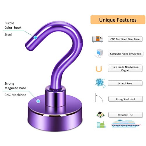 Image of Neosmuk Magnetic Hooks, 22 lb+ Heavy Duty Earth Magnets with Hook for Refrigerator, Extra Strong Cruise Hook for Hanging, Magnetic Hanger for Cabins, Grill (Purple, Pack of 6)