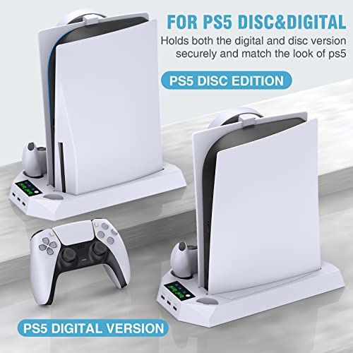 Ps5 Stand And Cooling Station With Dual Controller Charging Station For Playstation 5 Console, Ps5 Accessories Incl. Controller Charger, Cooling Fan, Headset Holder, 3 Usb Hub, Media Slot, Screw White #TOP3
