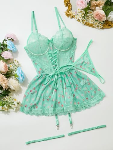 Image of Lilosy Sexy Garter Belt Mesh Lace Babydoll Lingerie Dress Set with Thong