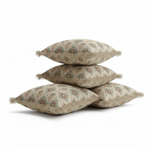 Image of Cotton Cushion Covers 16x16 Inch | Handwoven Printed Brown Decorative Square Cushion Case with Fringe | Sofa, Living Room, Bedroom, Diwan Home Decor Throw Cushion Cover