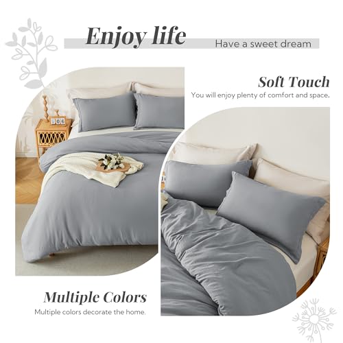 Image of MILDLY Duvet Cover 120 inchx98 inch Ultra Soft Comforter Cover Set 3pcs, Grey | Washed Microfiber Cotton-Like, Breathable Comfort, Hidden Zipper, Corner Ties, OEKO-TEX Certified, Fade Resistant