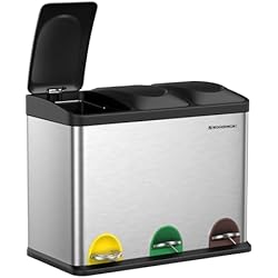 Cubo Basura Compartimentos SONGMICS Cubo Triple para Cocina, Cubo Basura de Reciclaje, Pedal, Cubo de Basura de Metal 45 L, Sistema de Separación de Residuos Cubo para Cocina, 3 x 15 L, con Tapa, Acero, Plata LTB45L