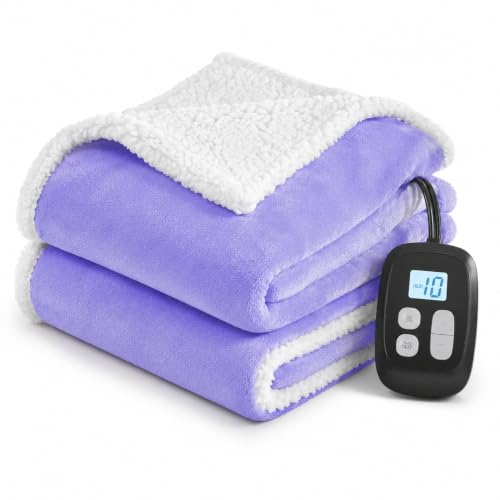 LaffyLo Electric Heated Blanket Full Size 72 x 84 Fast Heating Blanket Dual-Sided Flannel Sherpa 10 Heat Settings 1-12 Hour Auto Off Machine Washable Light Purple
