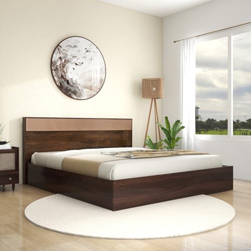Image of DF2H Bed | 1 Year Warranty | Double Bed, Queen Size, Eurotas Rattan Soft Embossed Solid Wood Headboard, Non-Woven Base & 3mm MDF, Walnut Colour (Melamine Finish)