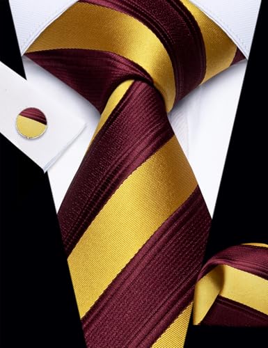 Image of YourTies Striped Ties for Men Classic Woven Silk Necktie with Handkerchief Cufflinks Set Formal Business Party Wedding