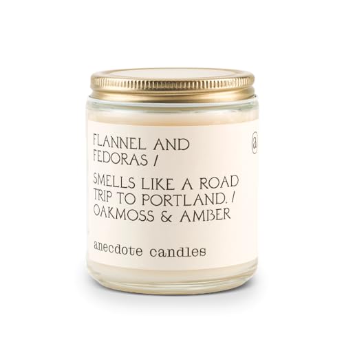 Anecdote 'Flannel & Fedora' Coconut Soy Wax Candle Jar | Premium Hand Poured & Long Burning | Oakmoss & Amber Scent | Phthalate-Free | for Home, Office, Gift - 7.8 Oz