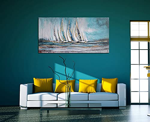 Anolyfi Sailboat Wall Art Canvas Teal Abstract Painting Textured Picture Artwork, Vintage Nautical Painting, Coastal Modern Print 58"x29" Frame for Living Room Bedroom Bathroom Office Home Decoration - Image 2