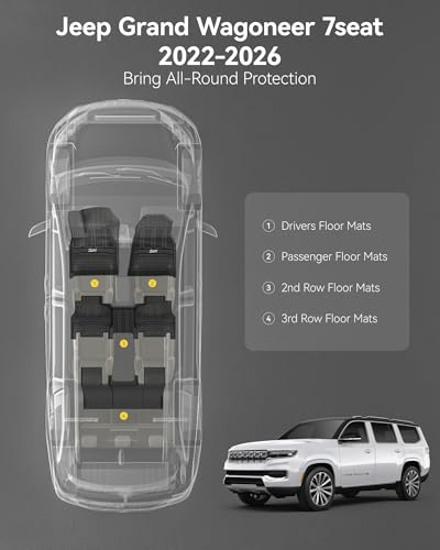 Image of 3W Floor Mats Fit for Jeep Grand Wagoneer /Grand Wagoneer L 2022-2025 2026 7 seat(Not Fit for 8 seat), All-Weather TPE Custom Fit Wagonner Floor Liner for 1-3 Rows Full Set Car Mats