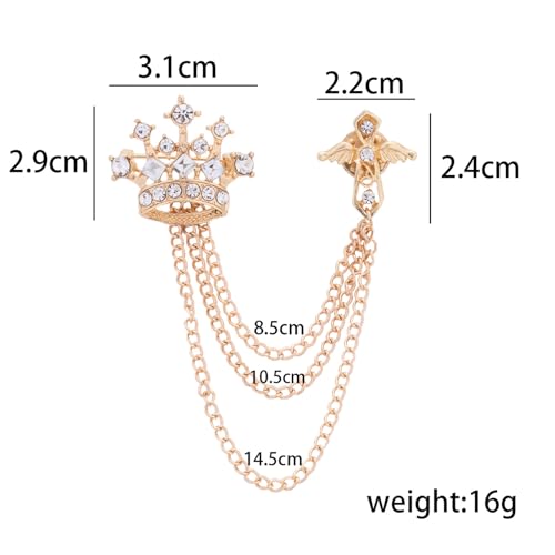 Image of coadipress Crown With Hanging Chain Brooch for Women Men Elegant Gentlemen Gold Silver Crystal Crown Lapel Pin Vintage Rhinestone Wedding Brooch Suit Shirt Pin Accessories