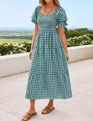 Image of ZESICA Women's 2026 Boho Summer Dresses Gingham Puff Sleeve Square Neck Flowy Beach Midi Dress