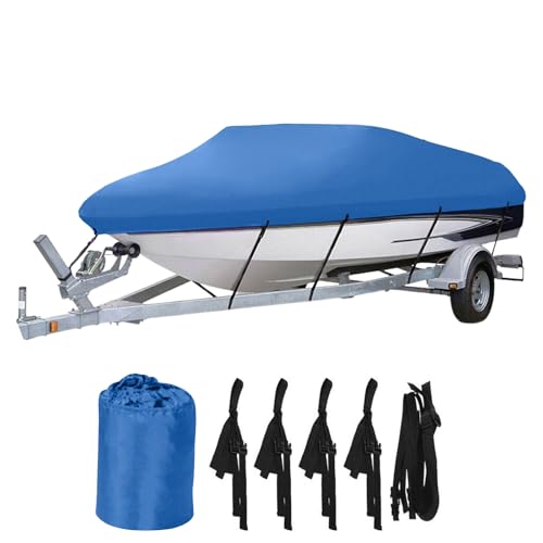 Heavy Duty Waterproof Boat Cover 17-19 ft - Trailerable Marine Grade Tarp for V-Hull, Tri-Hull, Bass & Runabout Boats - UV Resistant, All-Weather Protection for Fishing & Skiing (Blue, 14-16ft)