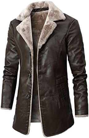 Men's Faux Pu Leather Fur Collar Motorbike Jacket Fleece Sherpa Lined Long Trench Coats Heavyweight Button Up Trenchcoat(Brown,X-Large)