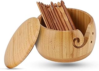 Wooden Yarn Bowl with Lid Handmade Yarn Bowl Holder with 12 Pieces Bamboo Crochet Hooks for Crocheting Knitting Accessories DIY Crafts Gift for Women