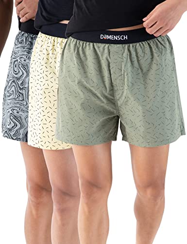 Image of DAMENSCH Regular Fit 100% Cotton Inner Boxer Soft & Durable Fabric Back Pocket Microfiber Waistband Breeze Ultra Light Printed Inner Boxers for Men Pack of 3 -Yellow,Dot Green,Marble Grey -S