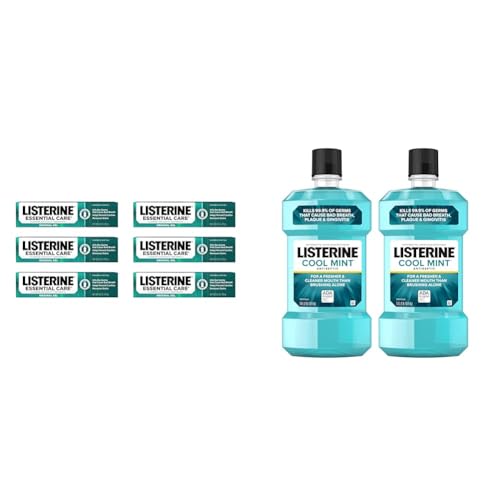 Listerine Essential Care Toothpaste & Cool Mint Antiseptic Mouthwash to Kill 99% of Germs That Cause Bad Breath, Plaque and Gingivitis, Cool Mint Flavor, 1 L (Pack of 2)