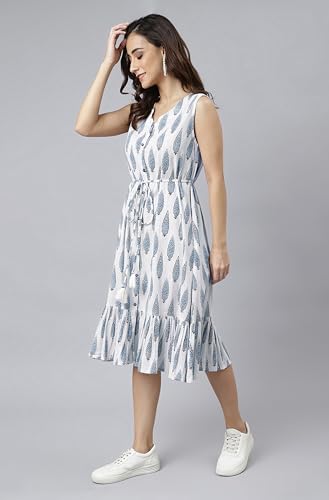 Image of Janasya Women's Cotton Ethnic Motifs Flared Western Dress