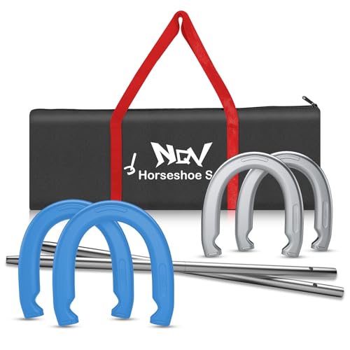 NQV Horseshoe Outside Game Horse Shoe Game Kit Horseshoes Outdoor Game Set for Lawn Beach Backyard Includes 4 Steel Horseshoes 2 (24) Metal Stakes & Carry Bag (Blue & Silver)