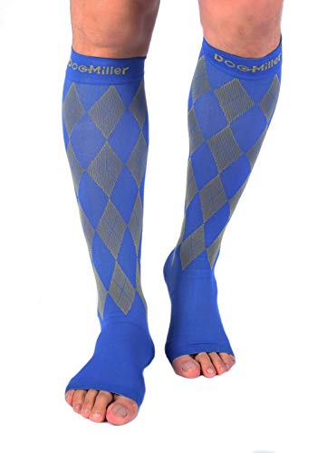 Doc Miller Open Toe Compression Socks Women 20-30Mmhg, Toeless Socks For Women And Men - Recovery From Fatigue Shin Splints Edema And Varicose Veins, 1 Pair Medium - Yellow And Blue Argyle Design #TOP7