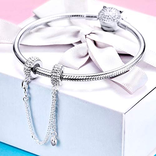 Image of ARTCHARM Heart Safety Chain Charm 925 Sterling Silver Beads fit European Charms Bracelet & Necklace