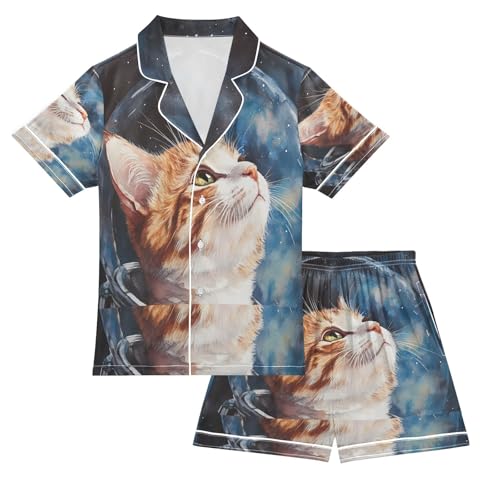 ALAZA Cat Astronaut Watercolor Satin Pajamas Set Short Sleeve Button Down Sleepwear Summer Pjs 2 Piece