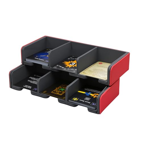 Double-Layer 6-Compartment PU Leather Card Rack | Dual-Tier Card Organizer for Board Games, TCG, and Tabletop Gaming (Red)